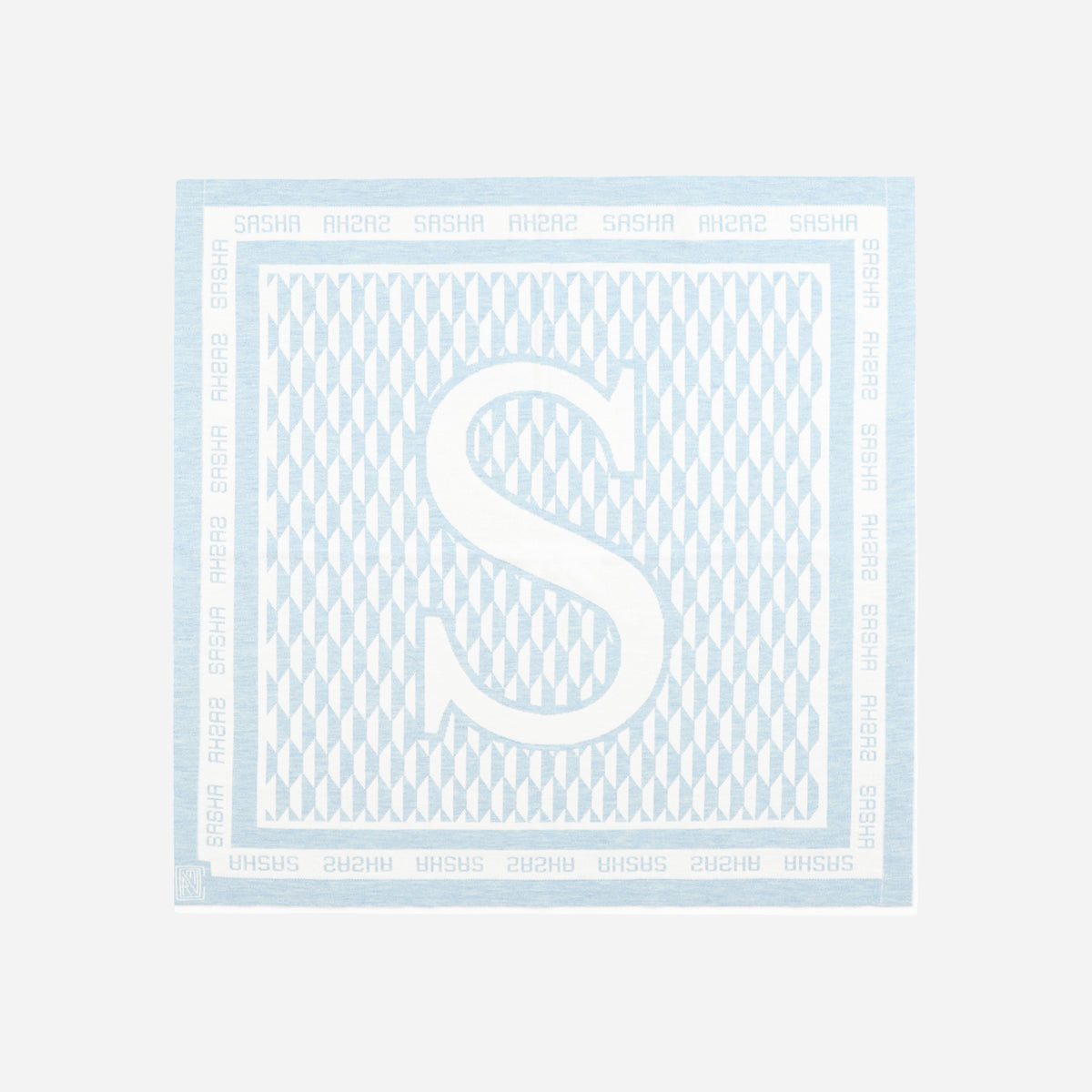 Plaid Initial "SASHA" - Laine Mérinos - Bleu Ciel & Blanc - 90x90 cm